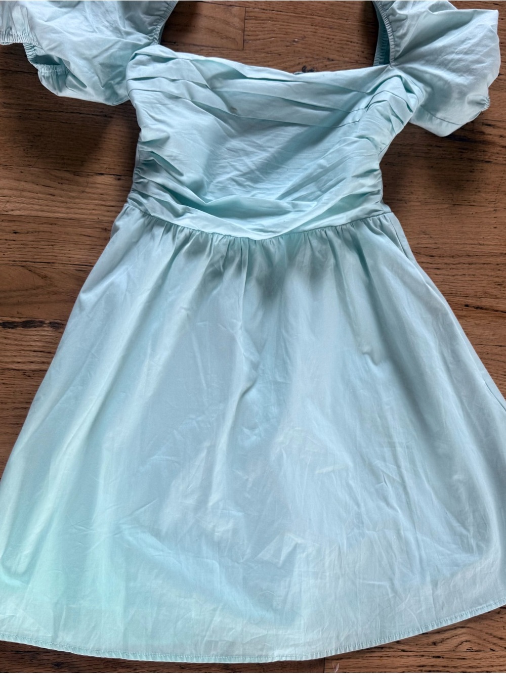 XS Light Aqua Puff-Sleeve Mini Dress with Gathered Waist